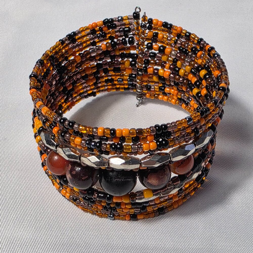 Boho Beaded Memory Wire Bracelet Seed Beads Stacked Cuff Black & Orange 6.75